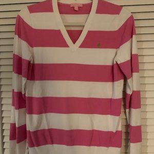 Cute! Lilly Pulitzer Pink and White stripe V-neck Pullover Sweater. GUC